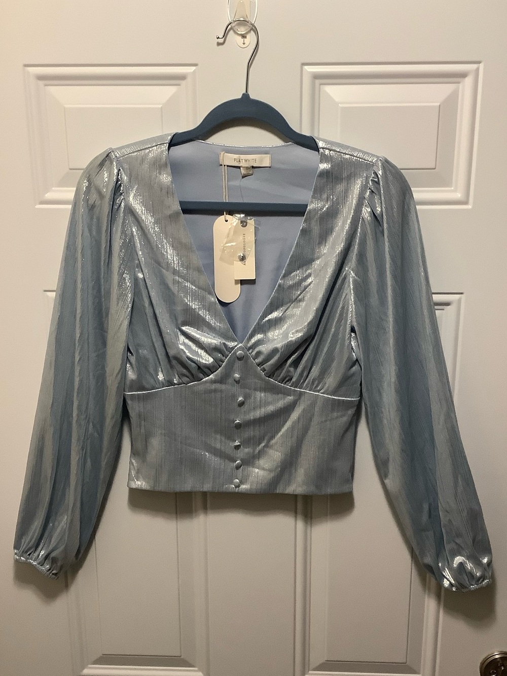 NEW Flat White|Anthropologie Iridescent Ice Blue Shine Blouse Sz S Romantic